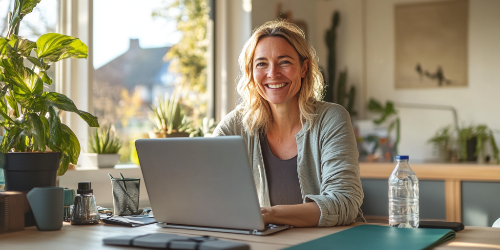 Een hollistische benadering is een groeiende trend, vrouw achter computer online personal trainer en coach