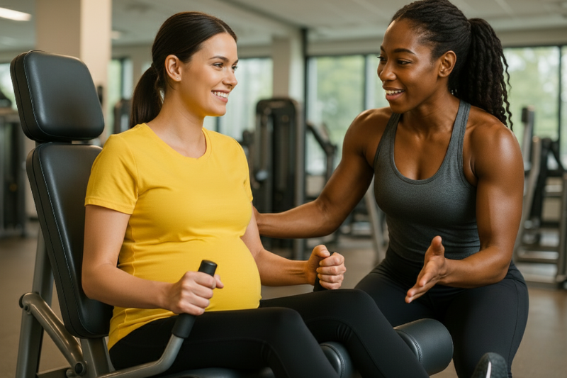 een trainer helpt krachttraining te stimuleren met grote buik